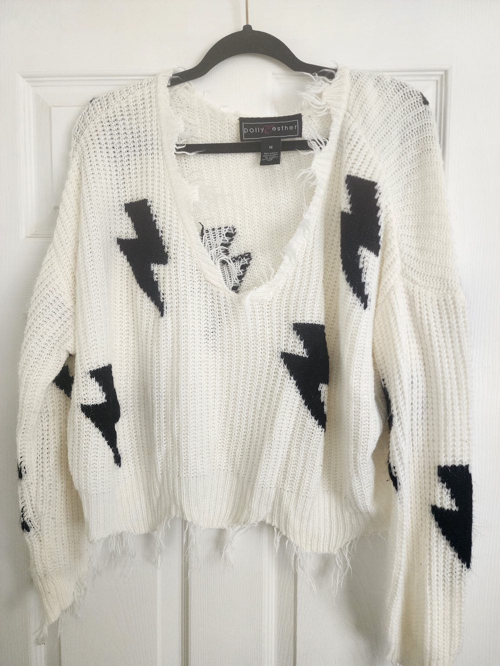 White V-Neck Knit Sweater with Black Lightning Bolts